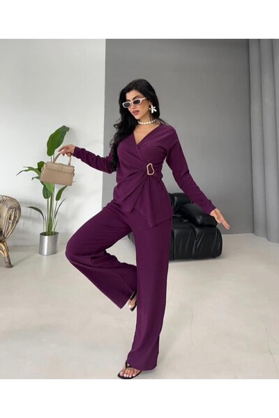 Butik Kruvaze Gold Tokalı Bluz& Geniş Paça Alt Üst Takım