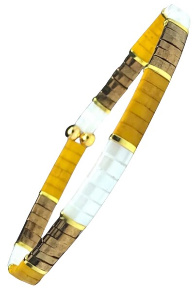 NAZLI TAKILAR سوار مصنوع يدويًا من خرز ميوكي تيلا الزجاجي المرن بألوان الخردل...