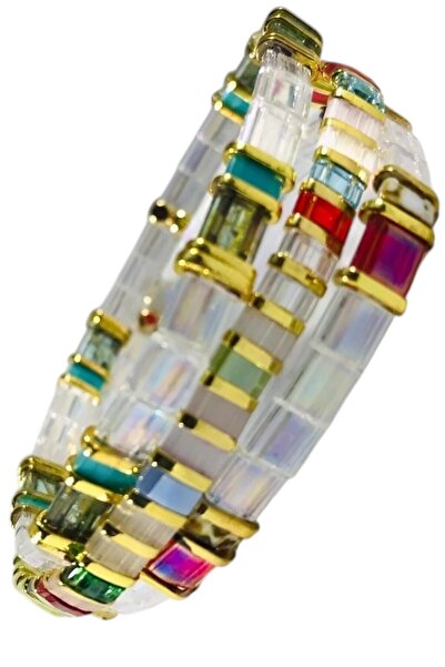NAZLI TAKILAR Set of 3 Handmade Elastic Miyuki Tila Bracelets Made from Transparent and Colored Glass Beads