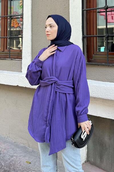 lamelif Tunic Shirt with Tie at the Waist Purple