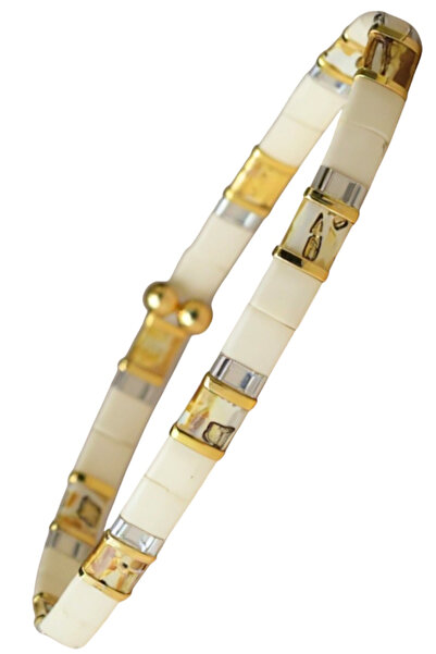 NAZLI TAKILAR Krem Renginde El Yapımı Elastik Miyuki Tila Cam Boncuklu Zarif Bileklik