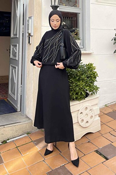 lamelif Premium Stone Detailed Skirted Hijab Suit Black