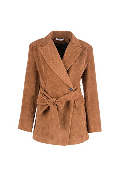 LACENOA Fitilli Kadife Beli Kuşaklı Kahve Ceket