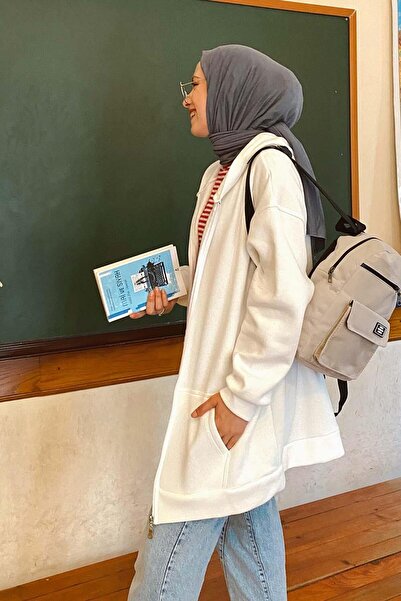 lamelif Ön Fermuar Detaylı Hırka Beyaz