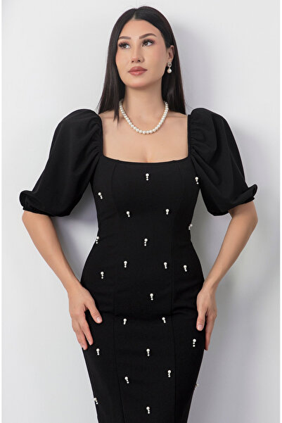Afiş Butik Siyah Balon Kollu İncili Kare Yaka Elbise