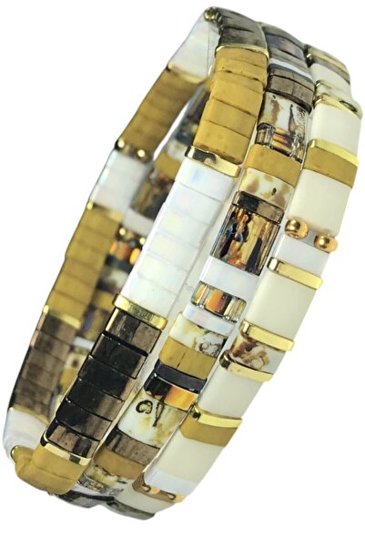 NAZLI TAKILAR مجموعة من 3 أساور مصنوعة من خرز زجاجي من ميوكي تيلا بألوان بني ...