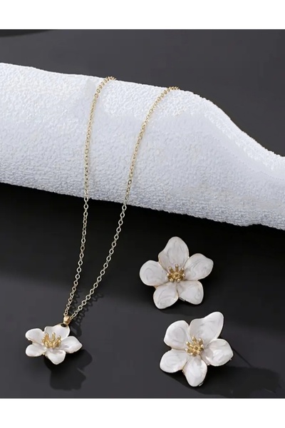 monalisatoka Kadın Gold Ekru Mineli Çiçek Kolye +Küpe Seti