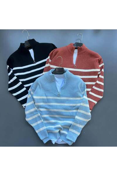 pepule Pachet de 3 pulovere tricotate cu jumătate de fermoar în dungi