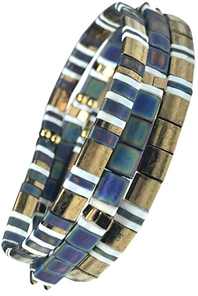 3-Piece Miyuki Tila Bracelet Set in Navy Blue Brown Tones - Elastic Structure, Handmade