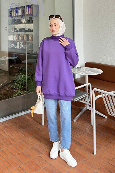 lamelif Three Thread Half Turtleneck Basic Tunic Purple