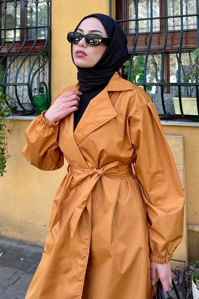 lamelif Balon Kol Kuşaklı Trençkot Hardal Sarısı
