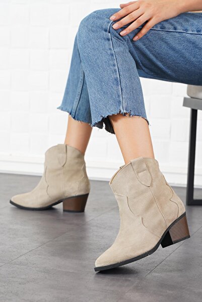 Moda Pie Γυναικείες μπότες Western Γνήσιο Δερμάτινο Μπεζ Suede - Kasre