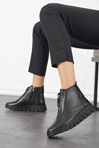 Moda Pie بوت نسائي من الجلد الطبيعي باللون الأسود - بيلوب بسحاب أمامي