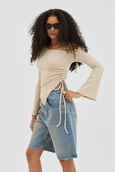 Eco Sense Asymmetrical Cut Ribbed One Shoulder Stylish Blouse - Beige