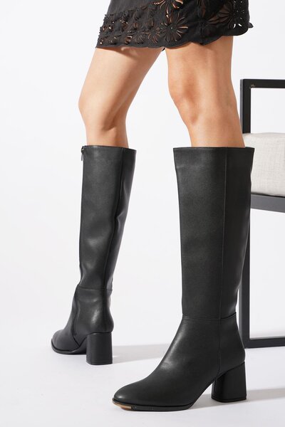 Moda Pie Heper Parçalı Kadın Topuklu Çizme Siyah Cilt