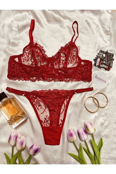 NERGIZ Kadın Dantelli Çiçek Desenli Balenli Sütyen İç Çamaşırı Takımı Bralet Takım