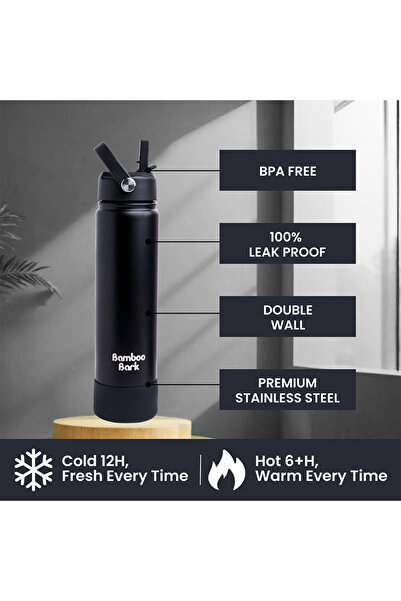 Bamboo Bark زجاجة مياه معزولة سعة 750 مل مع غطاء سيبر - قارورة مفرغة مزدوجة الجدار لمنع تسرب الماء الساخن والبارد