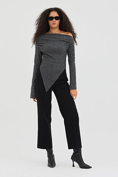 Eco Sense Kadın Tek Omuz Açık Uzun Kol, Asimetrik Esnek Kumaş Bluz - Gri