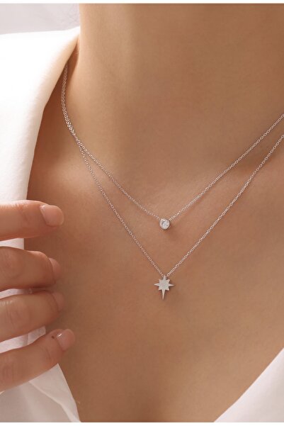 nuun silver 925 Ayar Gümüş Tek Taşlı Çift Sıralı Kuzey Yıldızı Kolye