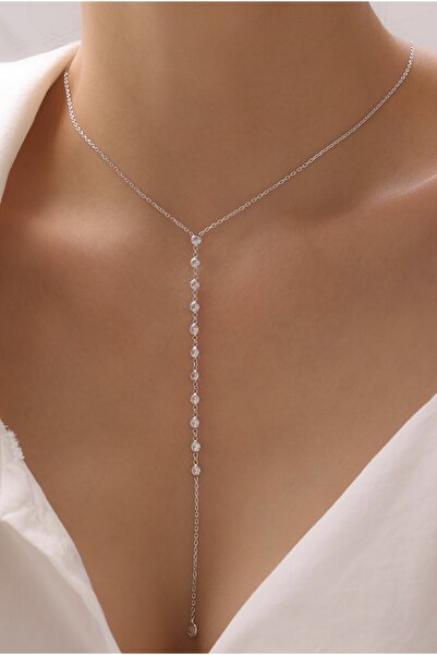 nuun silver 925 Ayar Gümüş Sıralı Zirkon Taşlı Y Form Kolye