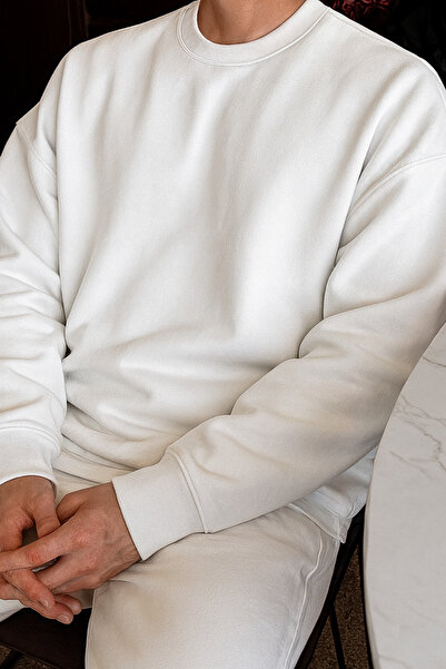 GUARAZ Бял мъжки велосипеден пуловер с голям яка, подплатен с полар, дебел и мек на допир, Basic Sweatshirt