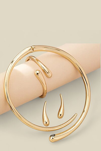 Sevilgülgünfinecrafts Modern Ring Necklace Set - Gold Plated Minimalist Torc Necklace, Bracelet and Earring Set