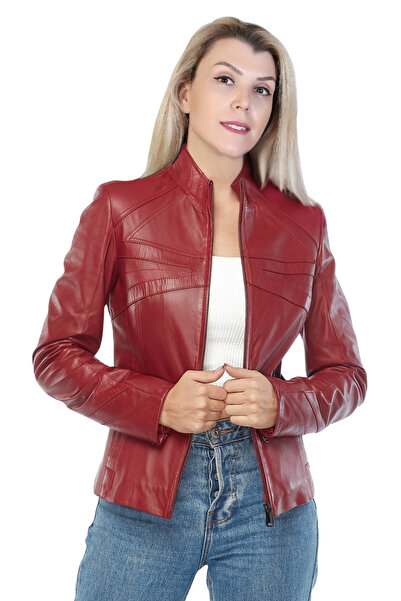 DERİJE Azalea Genuine Leather Women's Red Jacket