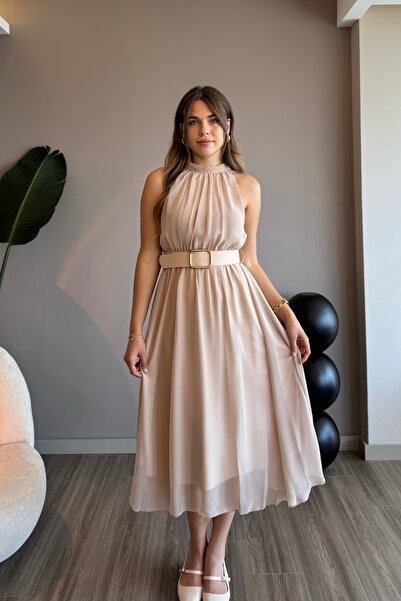 Aventien Φόρεμα σιφόν με δερμάτινη ζώνη Halter γιακά