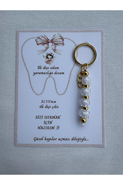 İ&DBABY 24 Adet Beyaz Renk İsme Özel İlk Dişim Çıktı Diş Partisi Diş Buğdayı Hatırası Hediyelik Anahtarlık