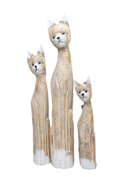 BARC AHŞAP OTANTİK 3 LÜ KEDİ 100CM DEKORATİF AHŞAP KEDİ 100_80_60 CM AÇIK KAHVE
