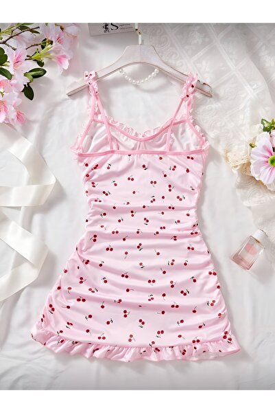 MOR SUBVAY Kadın 2 Parça Pembe Kiraz Baskılı Askılı Fırfırlı Gecelik Tanga Hediyeli
