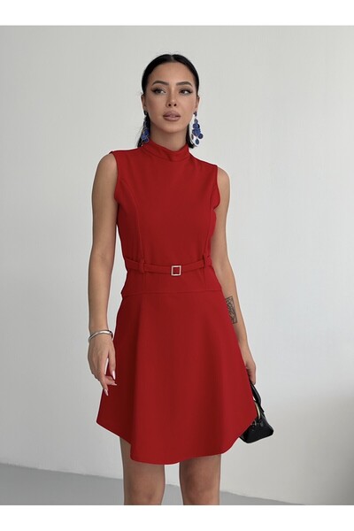 ALFUDO Moda Collection Accesoriu centură cu decolteu tip bicicletă, rochie roșie