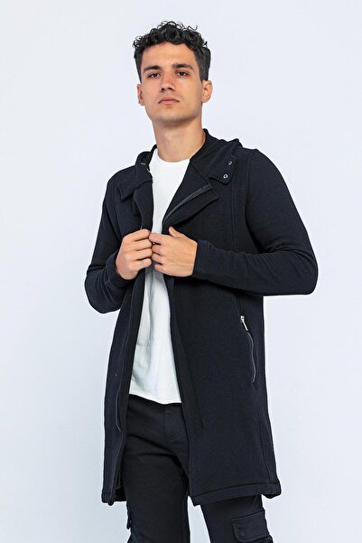 Cekmon Erkek Kapüşonlu Fermuarlı Cepli Triko Uzun Salaş Spor Hırka