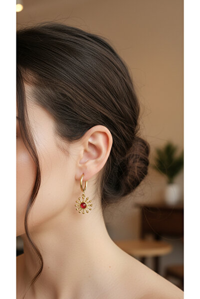 stainless steell Kırmızı Taşlı Vintage Gold Güneş Küpe