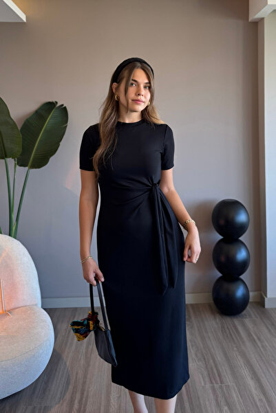 Aventien Yandan Bağlamalı Modal Kumaş Siyah Midi Elbise