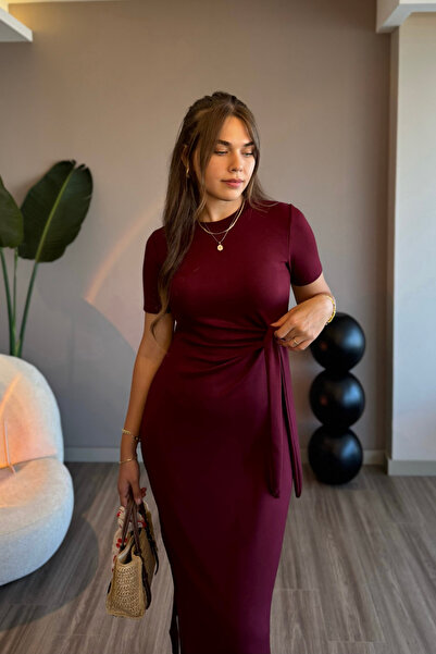 Aventien Yandan Bağlamalı Yırtmaçlı Modal Kumaş Bordo Elbise