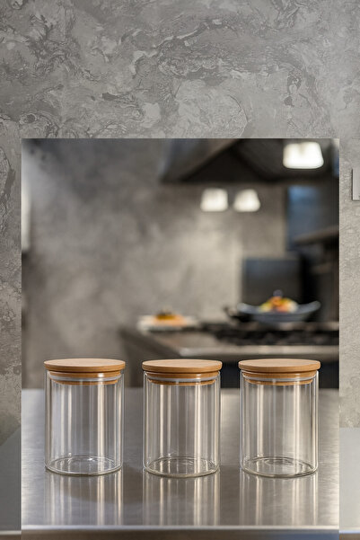 ZURİ DESİGN Airtight 3-Piece Striped Glass Breakfast Vacuum Lid Jar Set - 610 ml