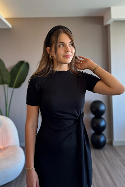 Aventien Yandan Bağlamalı Modal Kumaş Siyah Midi Elbise