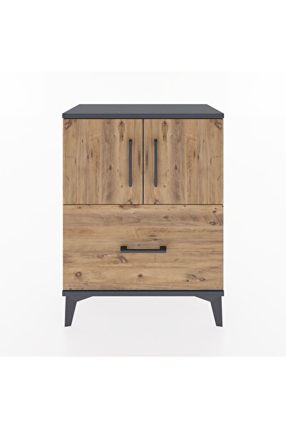 Dienni Arges Komodin 2 Raflı Tek Çekmeceli 2 Kapaklı 60x30x80 Antrasit-Çam