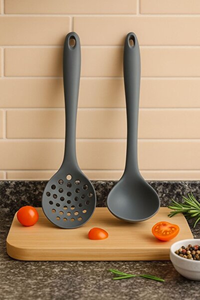 TARIK HOME 2'li Gri Silikon Kepçe Kevgir Seti Mutfak Servis Seti Ergonomik Sa...