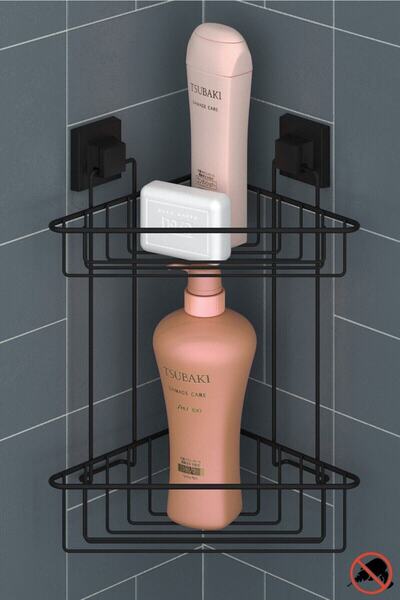 Teknotel Fără găurire cu șurub! Raft de colț pentru baie Easyfıx adeziv cu două straturi, negru mat Ef257