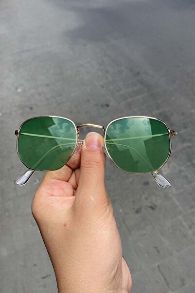 Köstebek New Gold Pentagonal Framed Green Glass Sunglasses