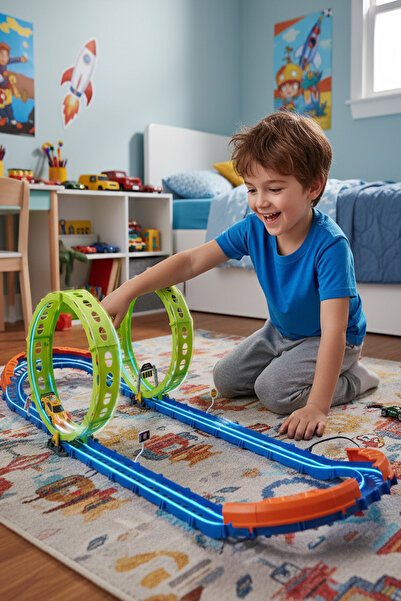 hak-iş oyuncak مجموعة مضمار سباق Glow Speed – 46 قطعة – لعبة سباق سيارات سريع...