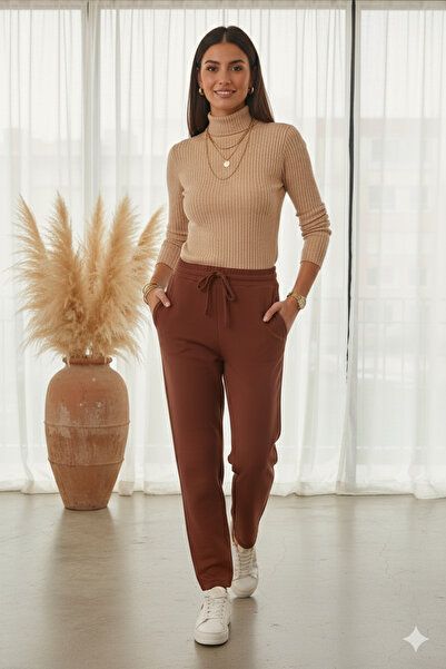 ESPİNA Women's Stretchy Fabric Carrot Leg Loose Knitted Scuba Brown Baggy Trousers