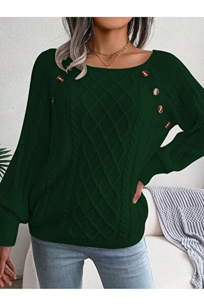 AQE FASHION Pulover de damă, cu gât de barcă, tricotat cu nasturi, verde înch...