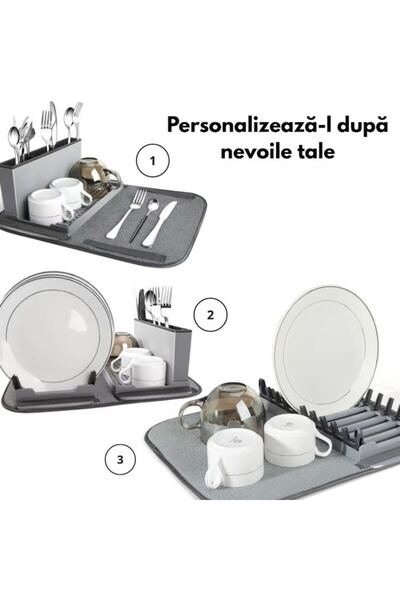 RARINCARE Suport pliabil pentru vase cu lavetă din microfibră, 45x35x15cm, cu scurgere rapidă, tavă de scurgere și sistem de curățare