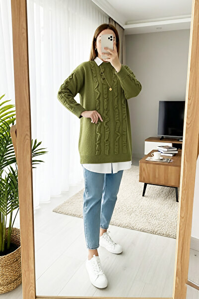 MODAQU Ruffle Detailed Soft Sweater Tunic 8770 - Khaki