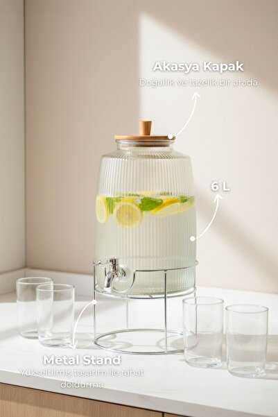 Bambum Flow Akasya Kapaklı Cam Sebil 6L