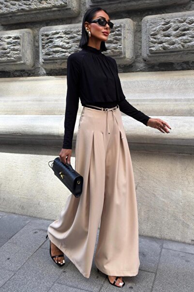 Lijuri Pleated Casual Trousers with Waist Tie Detail - Stone