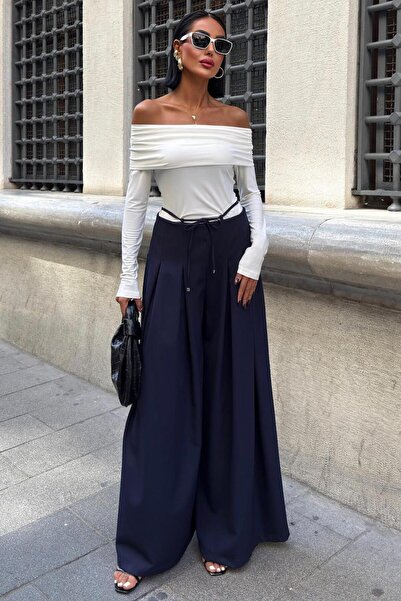 Lijuri Pleated Casual Trousers with Waist Tie Detail - Dark Blue